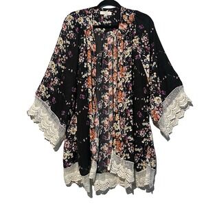 UMGEE Floral Cover-Up Boho Kimono Crochet Lace Hem Open Front Cardigan‎ Size XL